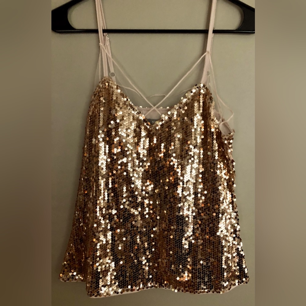 NWT ALLEGRA Blush Gold Sequin Cocktail Attire Top Spaghetti Straps Sz S